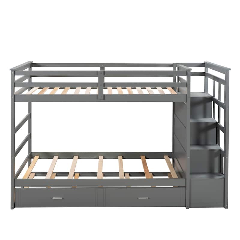 Solid Wood Bunk Bed with Trundle and Staircase
