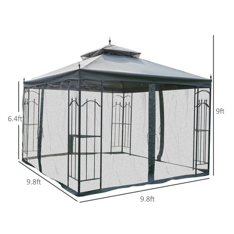 Patio Gazebo with Corner Frame Shelves, Double Roof Outdoor Canopy Shelter