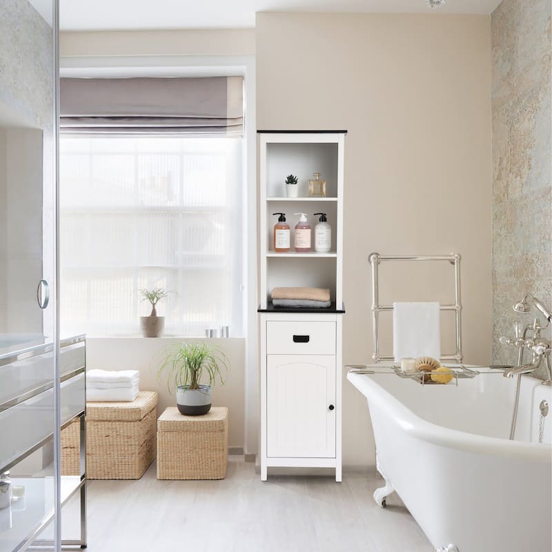 White and Black Wood Bathroom Tower Storage Linen Cabinet - 63" H x 15.75" W x 11.81" D