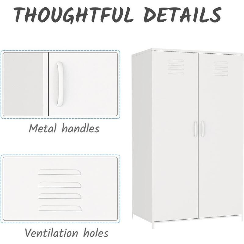 Double Doors Metal Locker Cabinet Storage with Hanging Rod and Shelves for Bedroom School Classroom