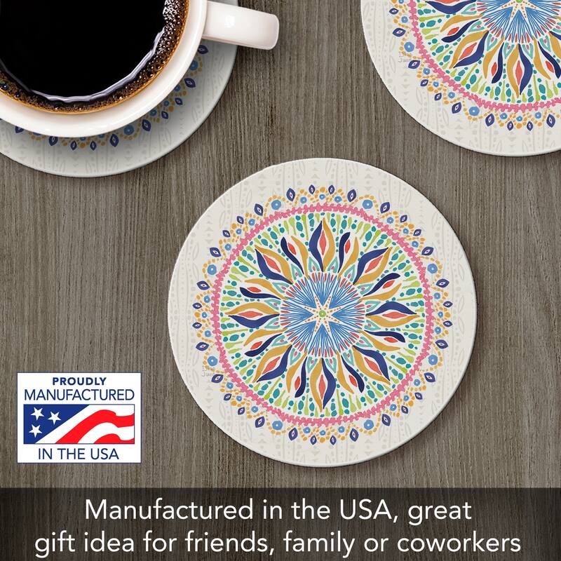 Coastal Mandala 4 Pack Absorbent Stone Coaster with Protective Cork Backing Made in The USA 4" Round, Easily Wipes Clean