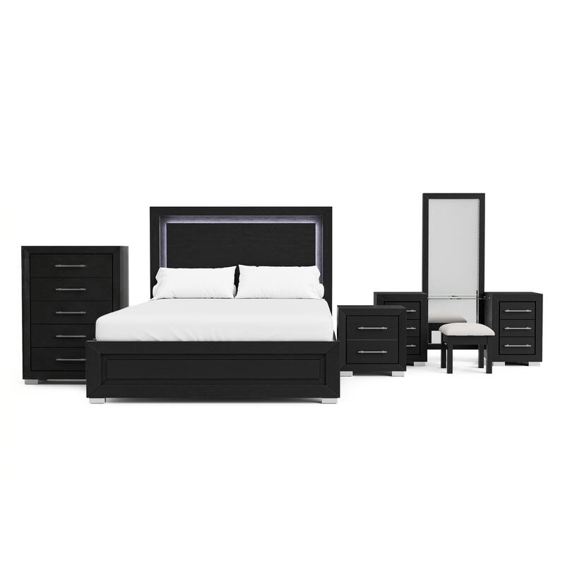 Furniture of America Alaric Modern Black Solid Wood 4-Piece Bedroom Set with 69-inch Makeup Vanity, Chest and Nightstand