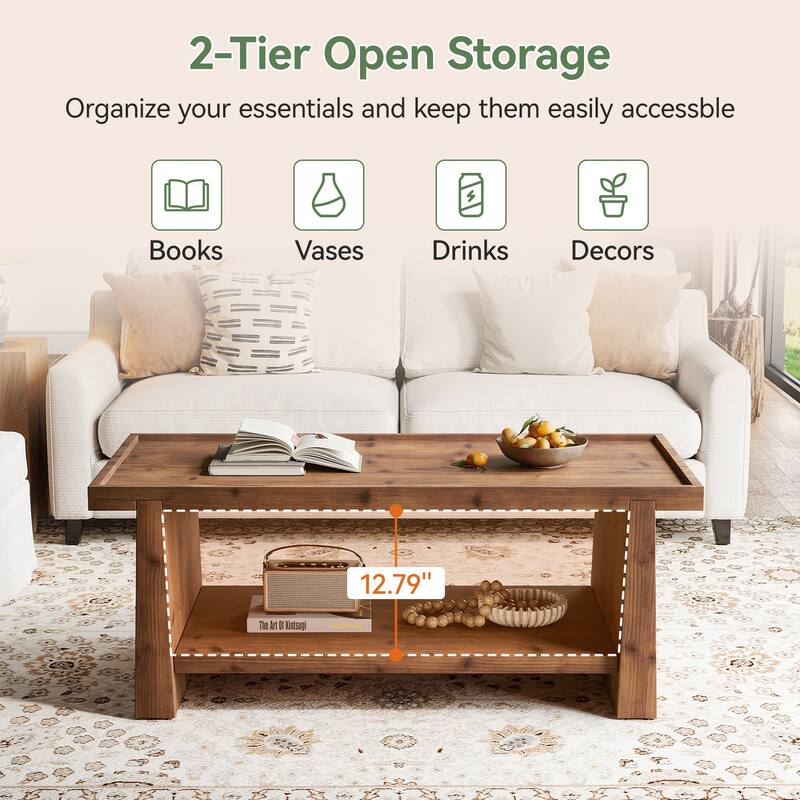 47" Solid Wood Coffee Table with 2-Tier Storage for Living Room