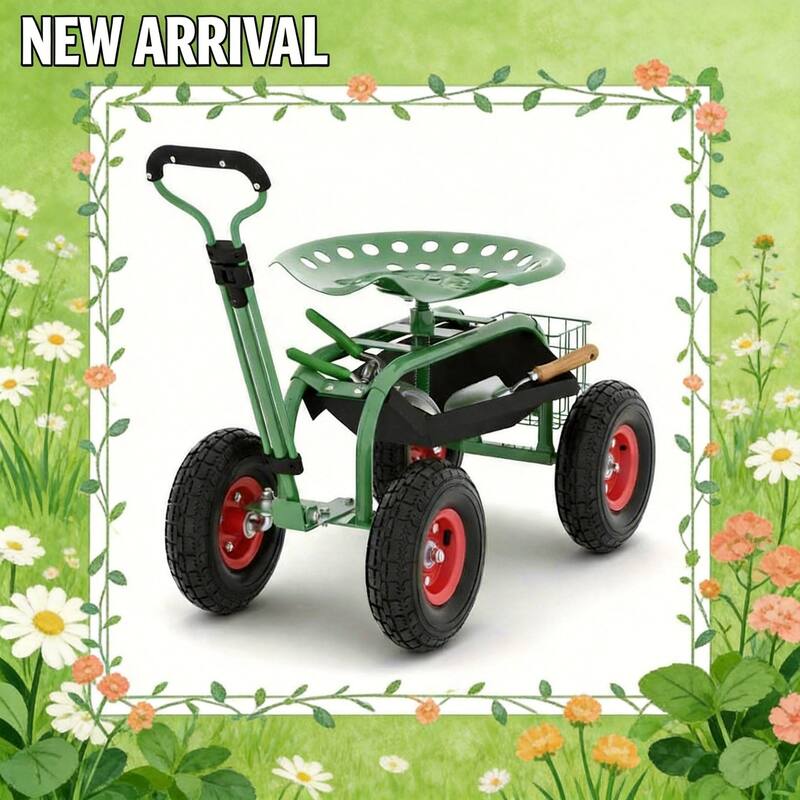 Garden Cart with Seat on Wheels Rolling Gardening Stool for Planting Weeding Lawn Care Green - Green