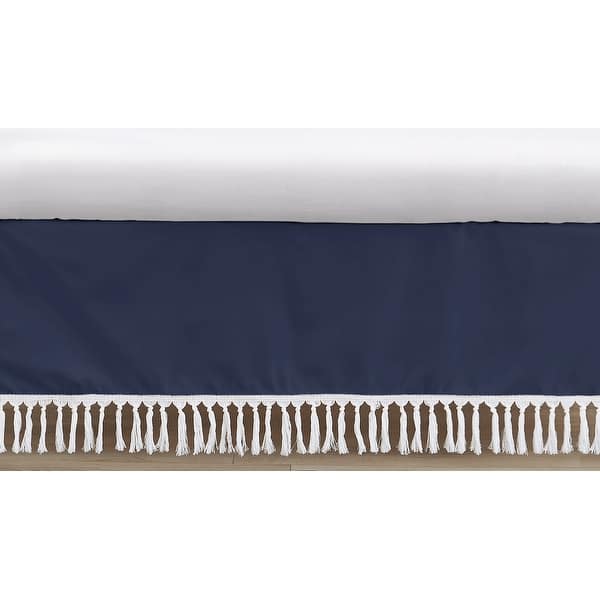slide 2 of 2, Navy Boho Bohemian Collection Boy Crib Bed Skirt - Solid Color Blue and White Farmhouse Chic Minimalist Tassel Fringe Macrame