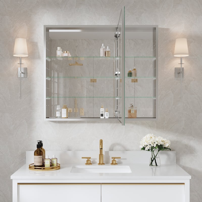 36"W X 30'H Recessed or Surface Wall Mount Bathroom Medicine Cabinet With Adjustable Glass Shelves