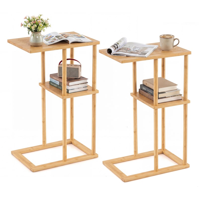 Gymax Side Table Set of 2 w/Storage Shelves & Bamboo Construction for - Natural - Wood