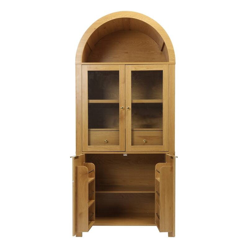71" Tall Fluted Arched Pantry Cabinet with Glass Doors and Adjustable Shelves for Elegant Kitchen Storage