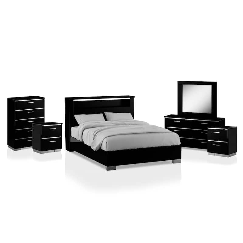 Lofa Contemporary Black Wood Storage Panel Bedroom Set with LED and USB Ports by Furniture of America - Queen - 6 Piece