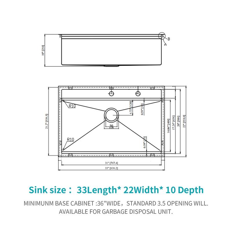 33" Drop in Kitchen Sink,Kitchen Sink Topmount Single Bowl
