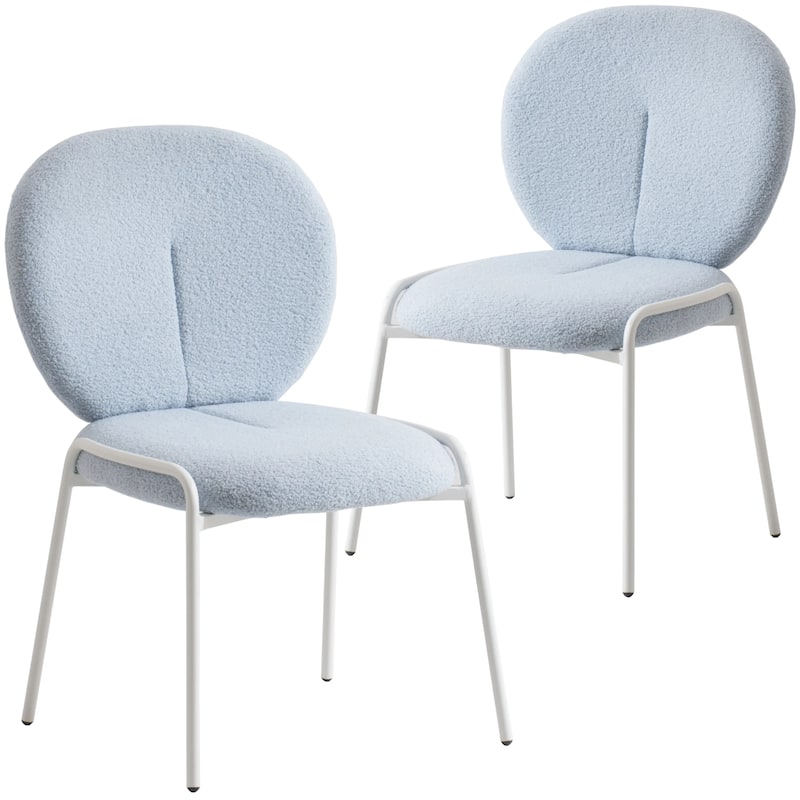 Celestial Modern Boucle Dining Chairs - Upholstered Accent Side Chairs with White Powder-Coated Iron Frame Set of 2 - Blue