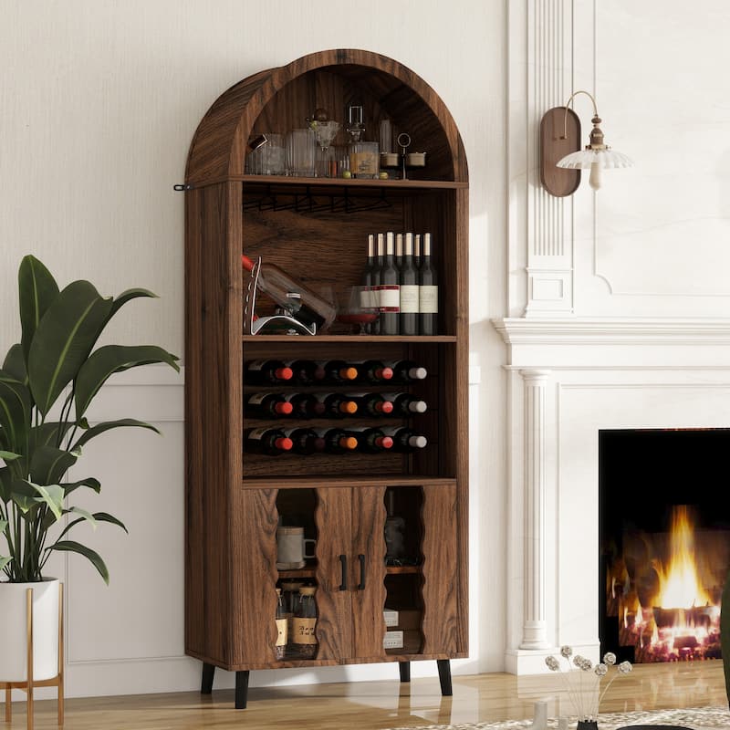 71"Farmhouse Arched Wine Bar Cabinet, Arch Cabinets &Coffee Bar, Whiskey Station With Wine Rack And Wine Glass Holder - Brown Oak