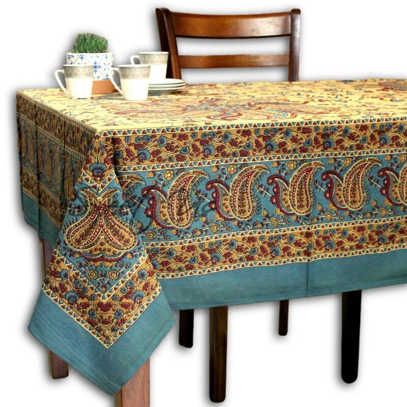 Cotton Block Print Paisley Floral Tablecloth Rectangle - 70 x 104 in - Blue