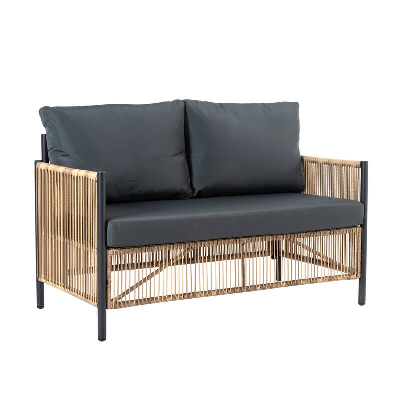 2 Pcs Outdoor PE Wicker 2 Seater Sofa Set, All Weather Patio Conversation Furniture Set with Rectangle Coffee Table