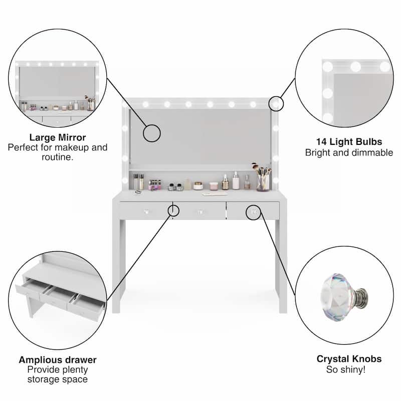 Boahaus Makeup Vanity Table Modern White 3 Drawers Light Bulbs Crystal Knobs