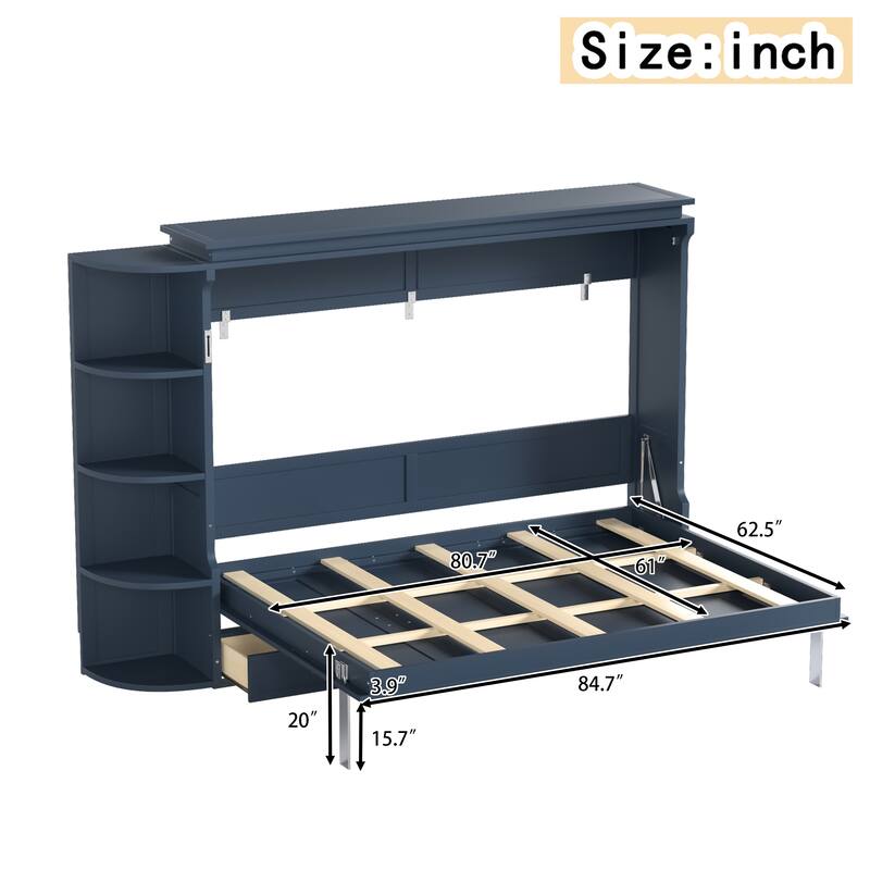 Murphy Platform Bed with Side Cabinets & Drawers, Wall Bed with Shelf for Home Office, Queen or Full