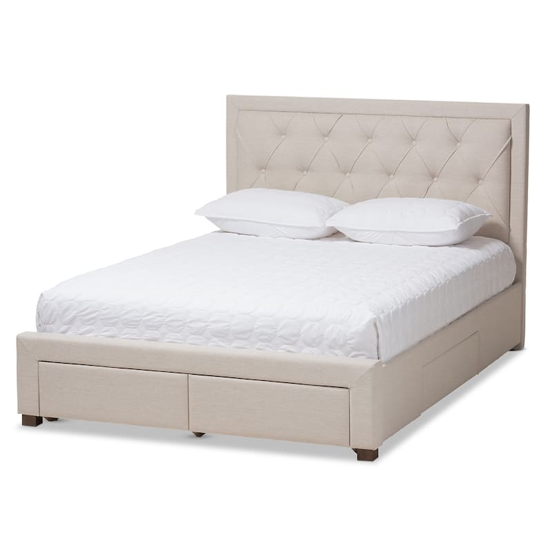 Modern Fabric Storage Bed - Beige Upholstered Platform Bed Frame - Low Profile Bed for Bedrooms