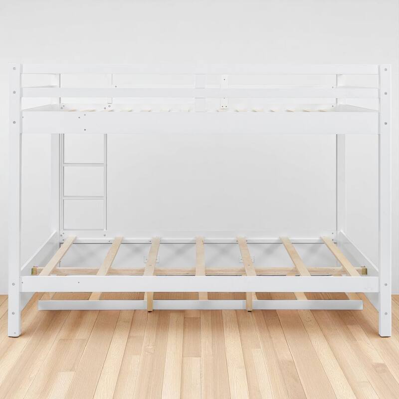 Wood Queen Bunk Bed Frame with Ladder and Trundle, Slatted Support, Safe Railings, Easy Assembly Included