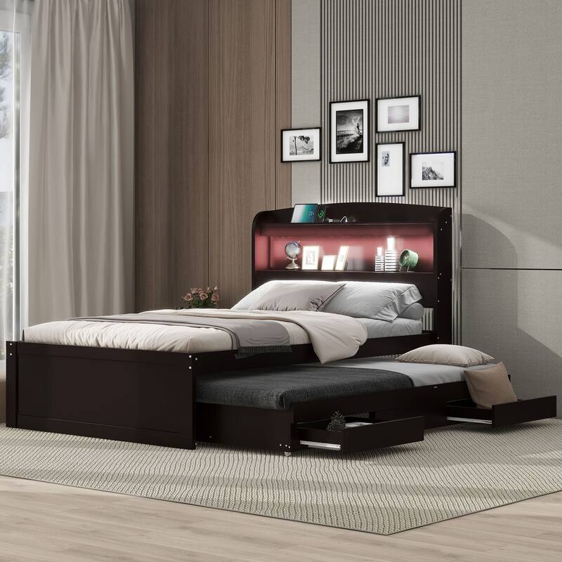 Twin XL Platform Bed with Storage, LED Headboard, Charging Station, Trundle, and Drawers, Dark Brown