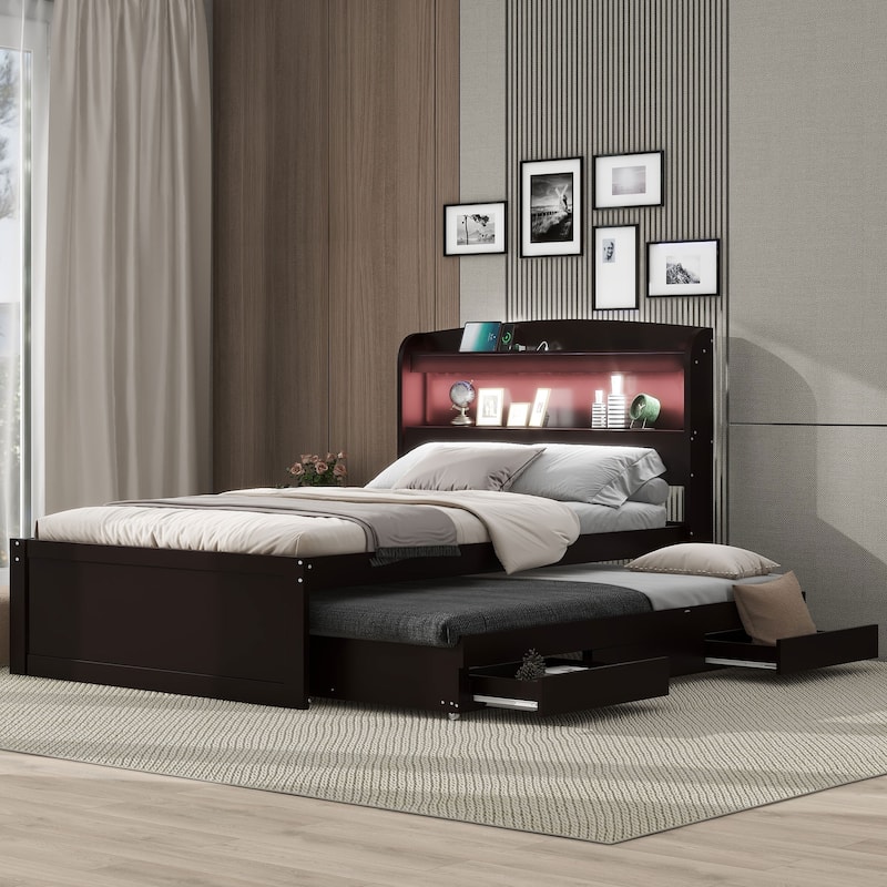 Twin XL Size Platform Bed with Drawers Storage LED Headboard and Charging Station - Taupe