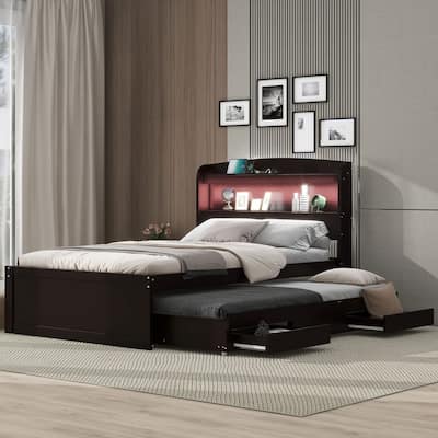 Twin XL Size Solid Wood Platform Bed with Storage LED Headboard, Charging Station & 2 Drawers, Pull-out Trundle Bed for Bedroom