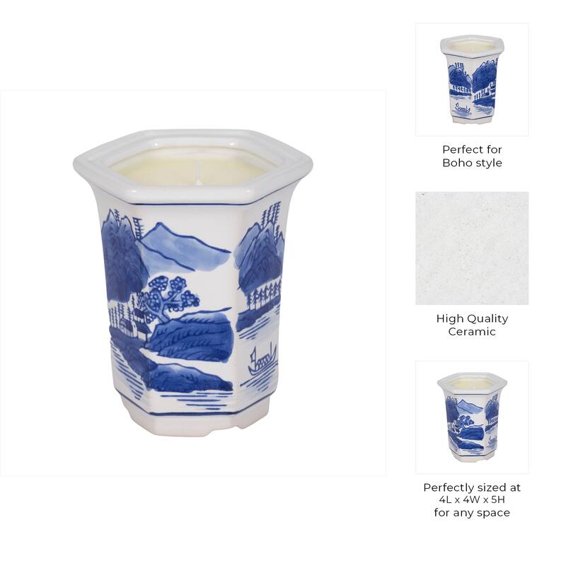 Modern Chinoiserie Ceramic Candle - Sage and Eucalyptus Scented