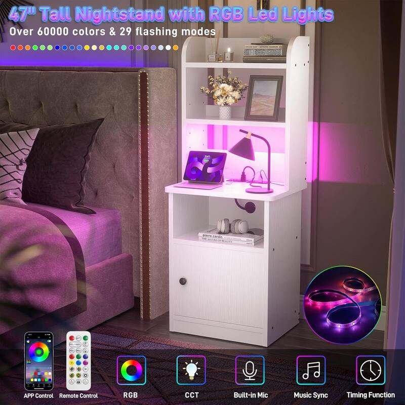 47" Nightstand with Charging Station and LED Lights,Industrial Bedside End Side Table with Adjustable Bookshelf Storage Cabinet
