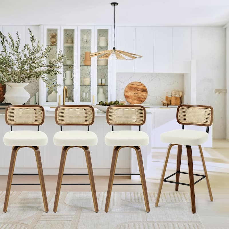 26"/29" Swivel Bar Stools/ Counter Stools with Bentwood Legs - Set of 4 - Cream White-Rattan Back - Bar Height