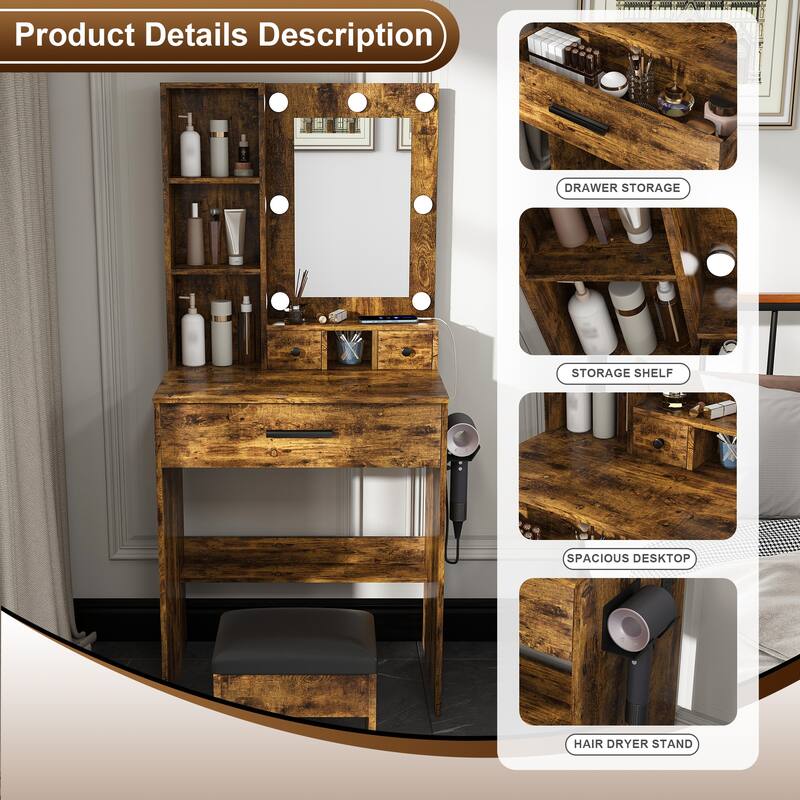 Small Vanity Desk with LED Mirror, Charging Station, Hairdryer Holder & Storage Drawers, Makeup Table with Stool