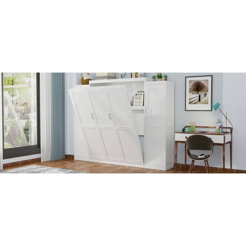 Queen Size Foldable Murphy Bed with Wardrobes and Storage Shelf, Space-Saving Platform Bedframe for Guest-Room, White