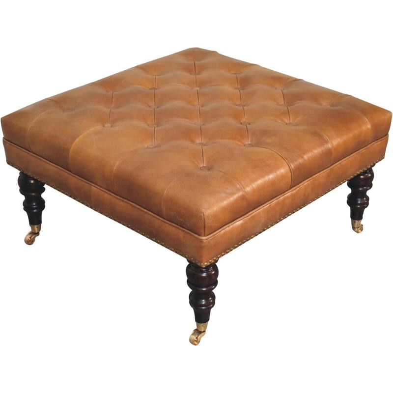 Artisan Furniture Solid Wood Studded Buffalo Tan Leather Ottoman with Castor Legs