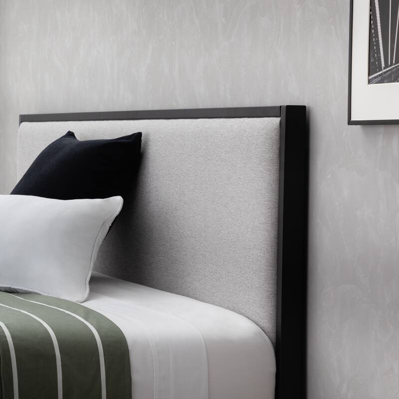 Contemporary Gray King Metal Platform Bed Frame with Upholstered Headboard