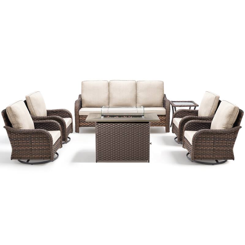 Pocassy Patio Sofa Swivel Chairs with Fire Table Funiture Set