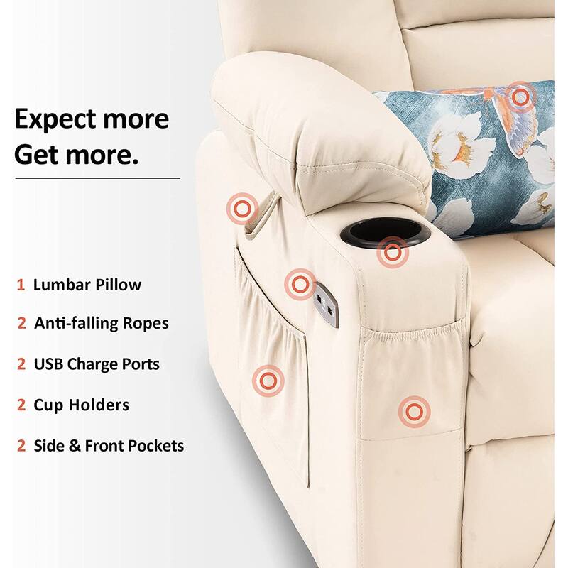 MCombo Large Lift Recliner Chair with Massage and Heat for Elderly, Extended Footrest, Cup Holders, USB Ports, Faux Leather 7539