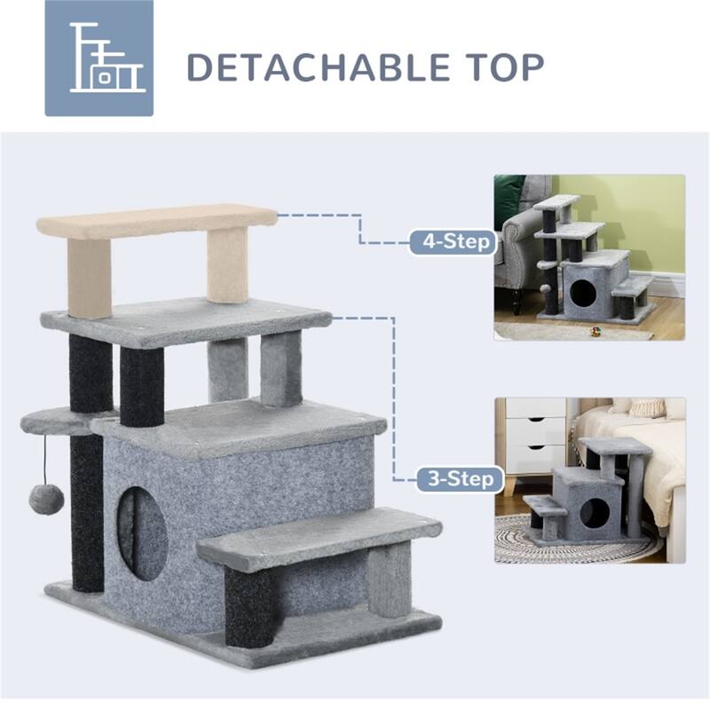 Adjustable Height Cat Tree with 3-4 Steps, Condo & Hanging Toy for Cats - 23.6" L x 15.7" W x 26" H