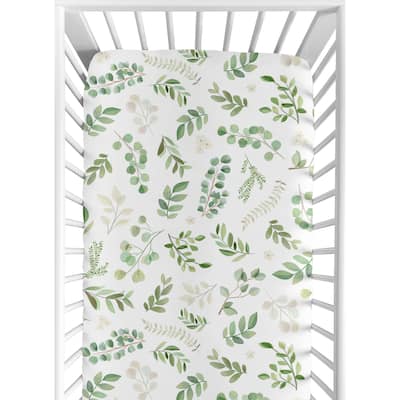 Floral Leaf Collection Boy Girl Cotton Fitted Crib Sheet - Green and White Boho Watercolor Botanical Woodland Tropical Garden