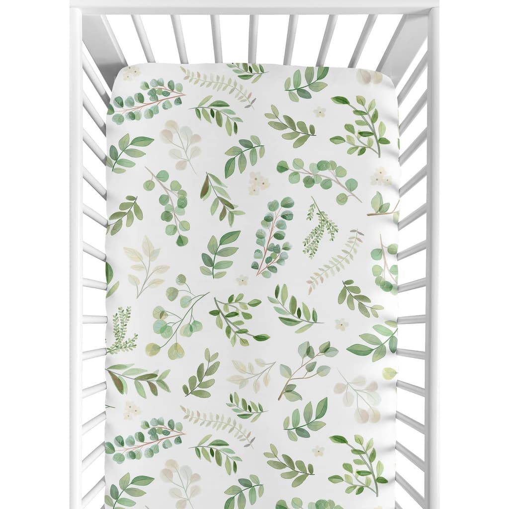 Floral Leaf Collection Girl Fitted Crib Sheet - Green and White Boho Watercolor Botanical Woodland Tropical Garden