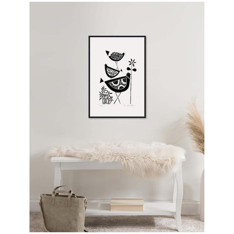 Kate and Laurel Sylvie Folk Bird Family Trio Linocut Framed Canvas by Giuliana Lazzerini