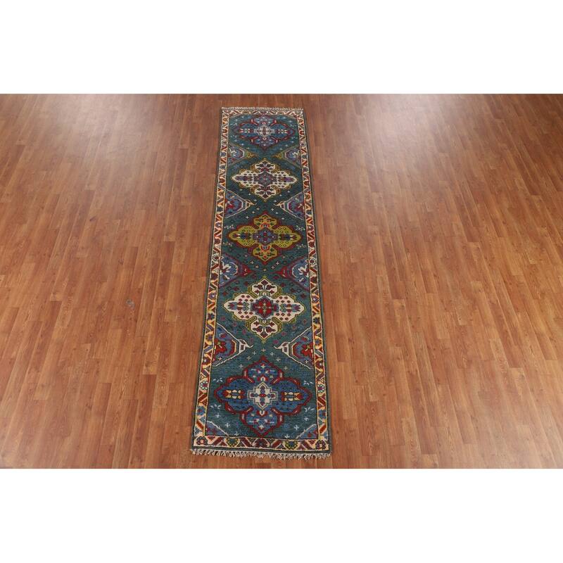 Green Geometric Kazak Oriental Runner Rug Hand-Knotted Wool Carpet - 2'6"x 9'10"
