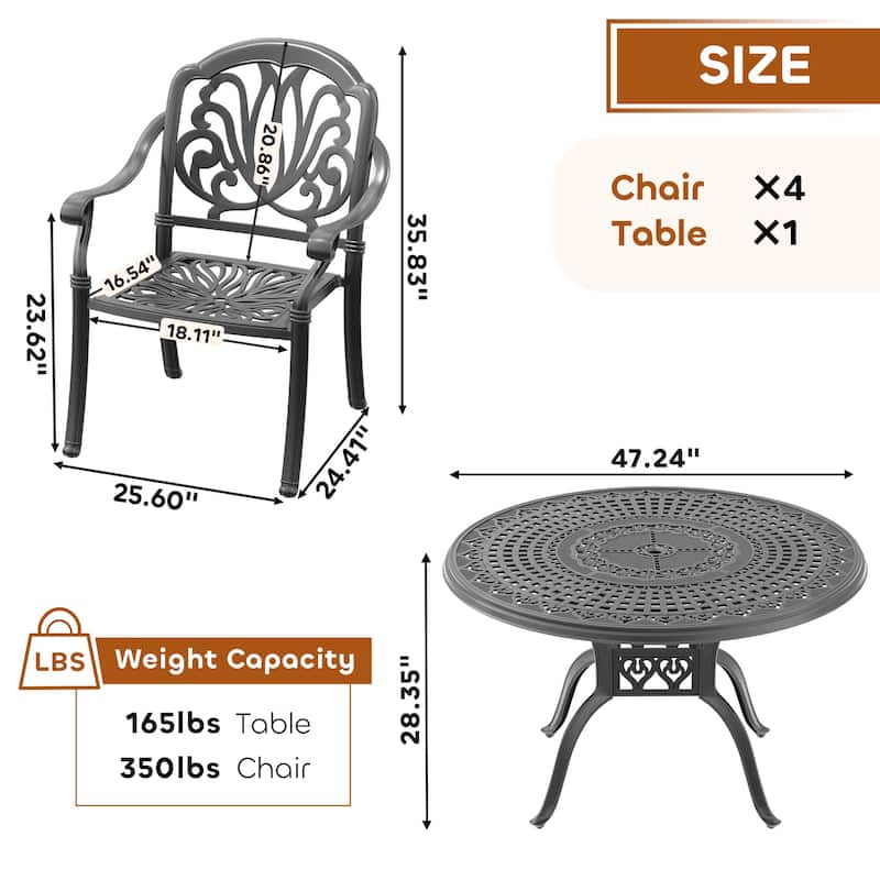 5/7-Piece Cast Aluminum Outdoor Dining Set with 47.24 in. Round Table and Random Color Seat Cushions