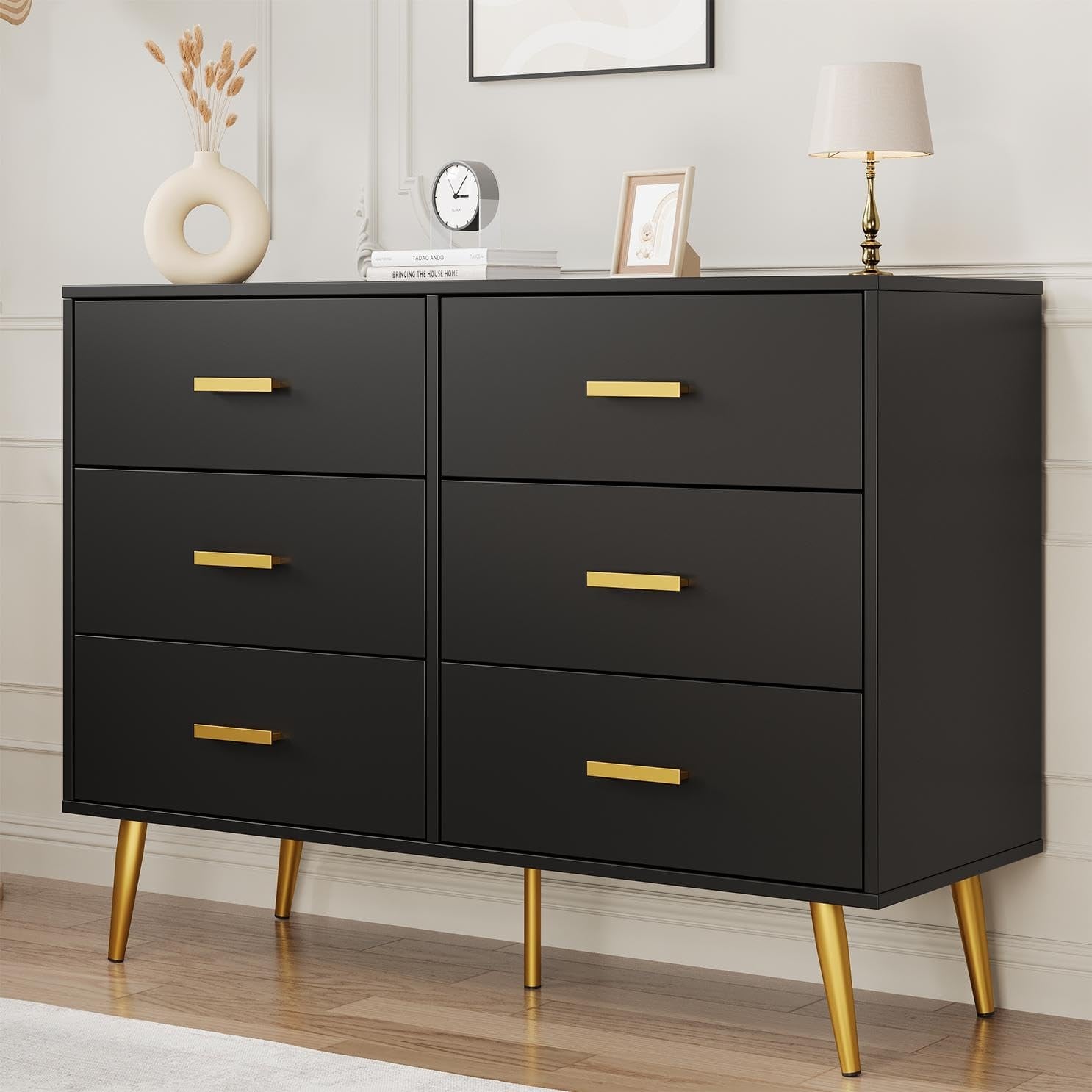 6 Drawer Dresser, Modern Wooden Chest of Drawers with Gold Handles and Large Storage Space