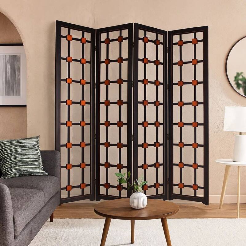 Wooden 4 Panel Screen with Modern Cosmopolitan Design, Black and Red