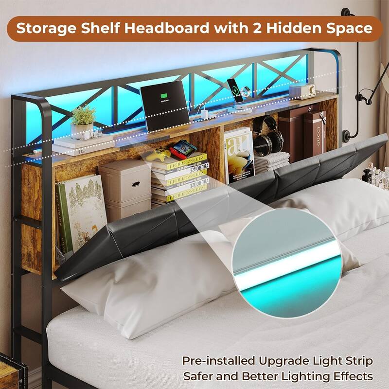 Bed Frame Storage Headboard 2 Drawers Hidden Storage Upholstered Bed