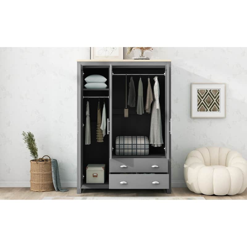 3 Door Armoires Gray Wardrobe Cabinet with 2 Hanging Rods & 2 Drawers