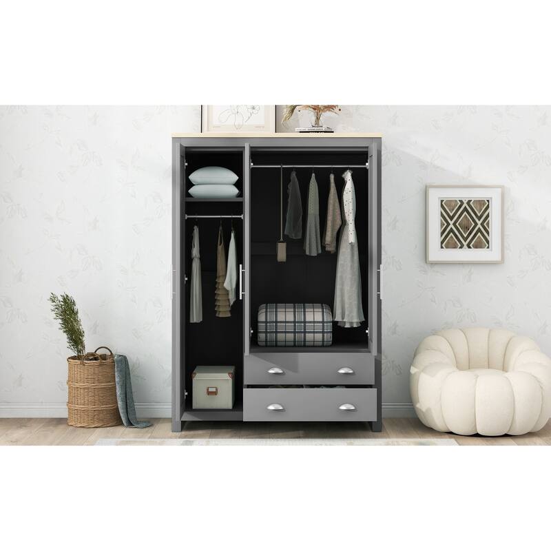 Roomfitters 3-Door Wardrobe Cabinet with Hanging Rods and Adjustable Shelving System, Gray