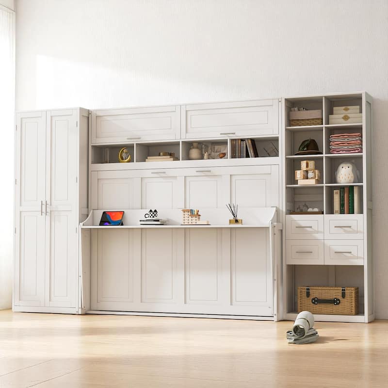 Full Size Murphy Wall Bed with Closet, Drawers & Shelves, Foldable Cabinet Storage, White