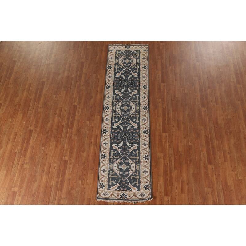 All-Over Blue Oushak Indian Runner Rug Hand-knotted Wool Carpet - 2'7"x 9'10"