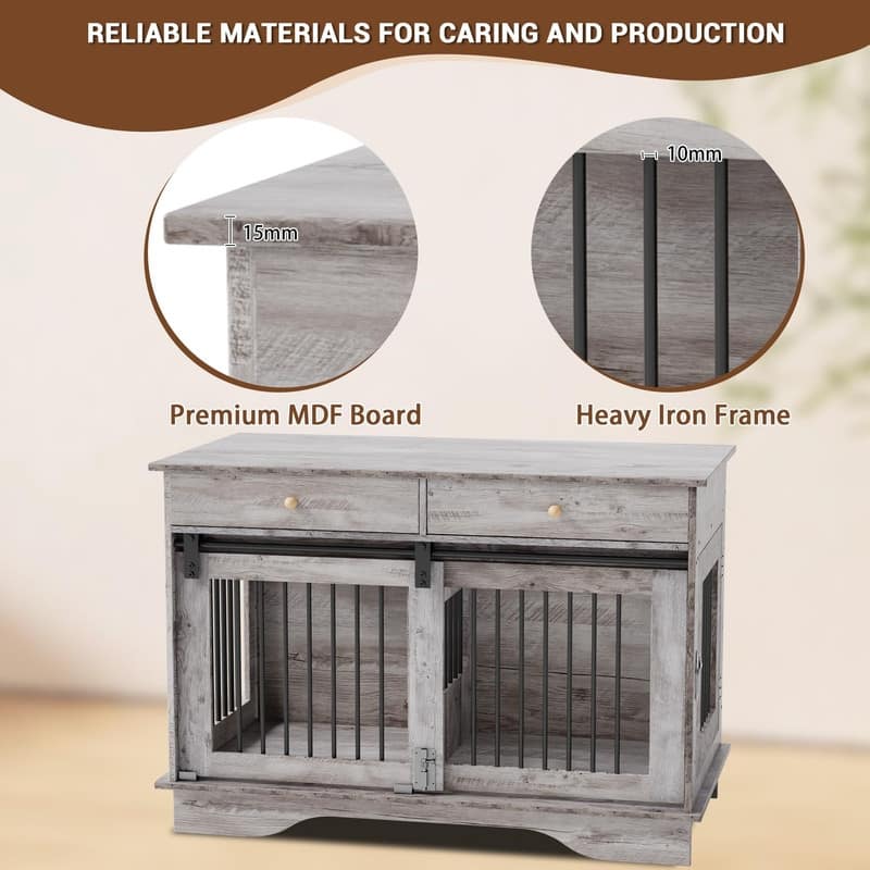 Wooden Dog Crate Kennel Furniture with Barn Door 2 Storage Drawers Removable Divider