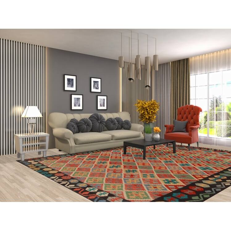 Reversible Trellis Kilim Oriental Area Rug Flatweave Wool Carpet - 8'7"x 11'2"