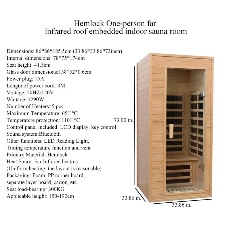 1-Person Sauna with LCD Display, Key Control, Bluetooth and LED reading lights - 34" x 34" x 73"